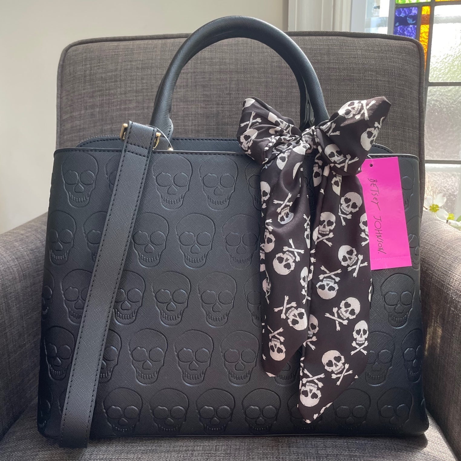 Betsey Johnson Black Embossed Skull Purse with Skull & Crossbones Fabric Bow