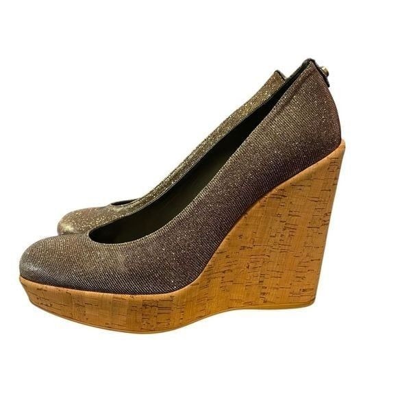 Stuart Weitzman Silver/Gold Glitter Lurex Fabric Cork Wedge Platform Pumps 10
