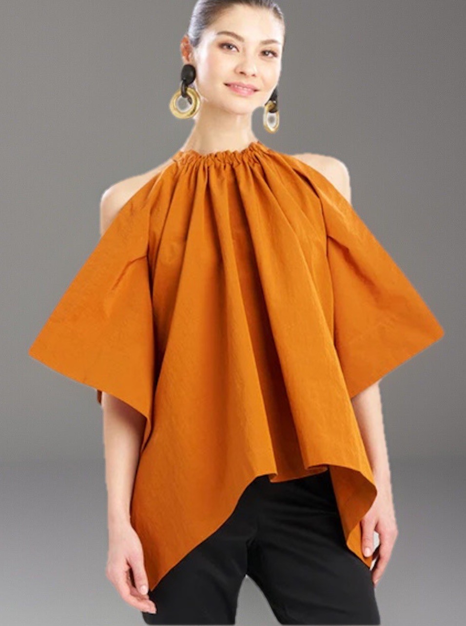 NATORI Shirt Blouse Sz Large Taffeta Handkerchief Top Burnt Orange Copper