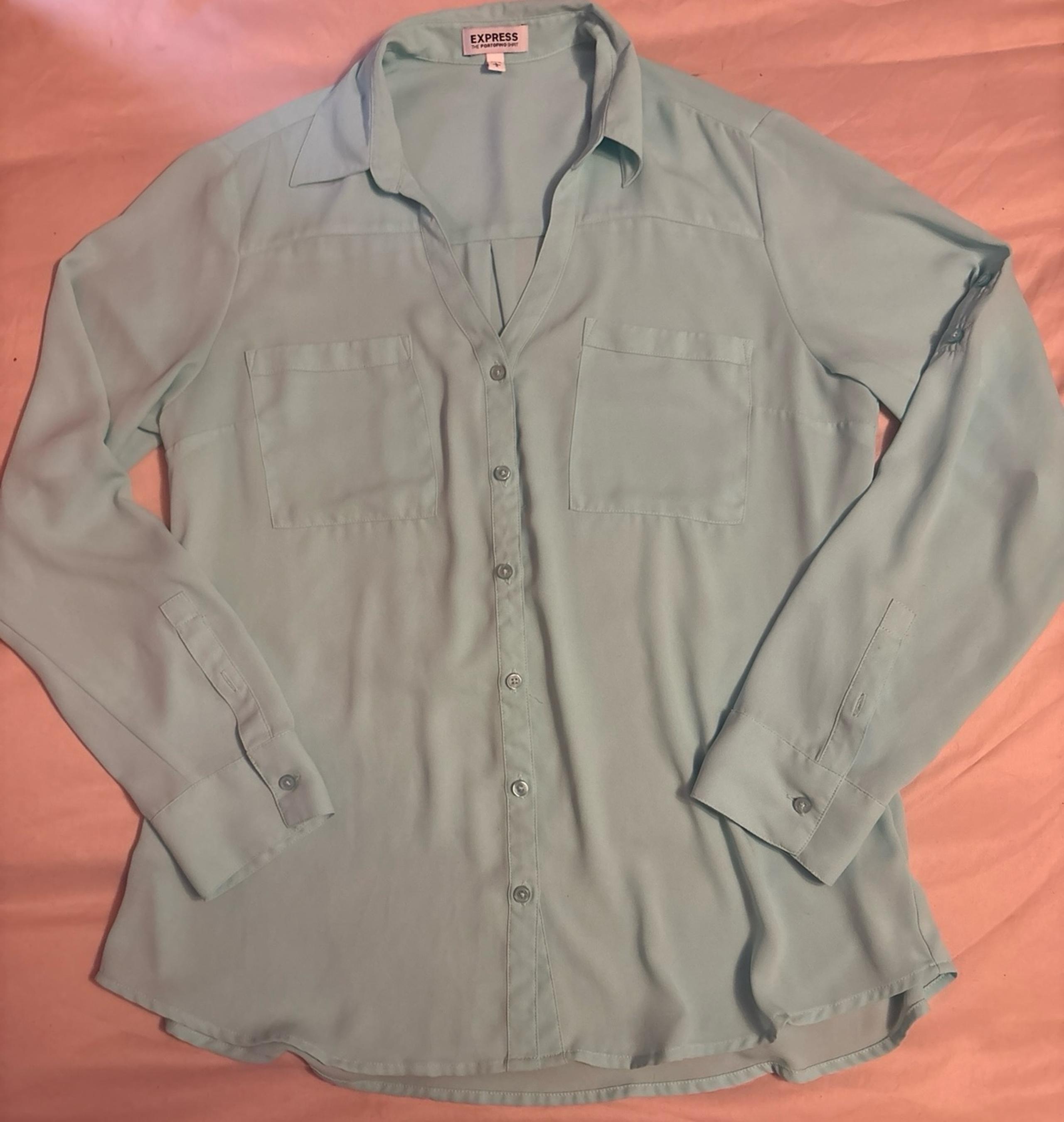 Express Light Blue Button Down Portofino Shirt Blouse, Large