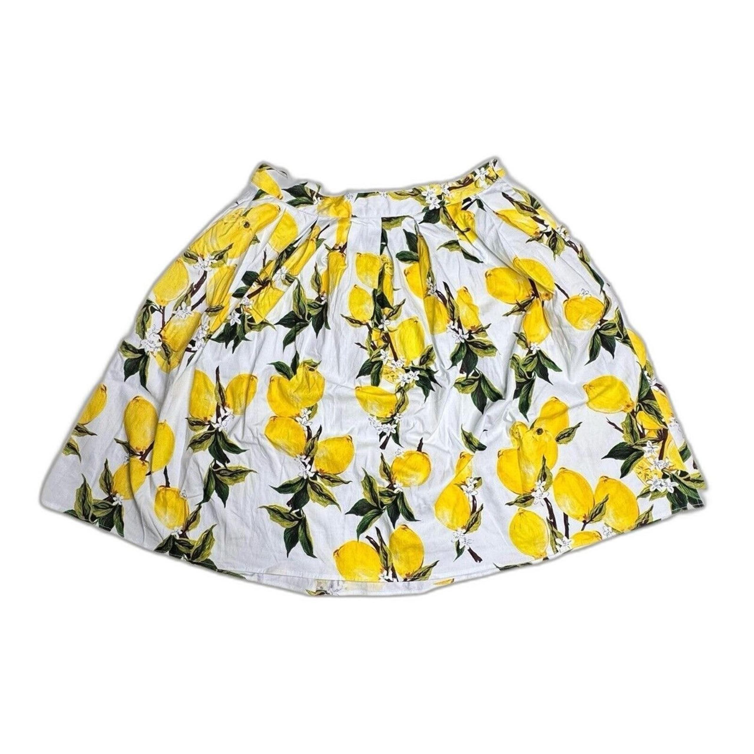 XL Grace Karin Lemon Print Midi Skirt - Summer Style Pleated Cotton Side Zip EUC