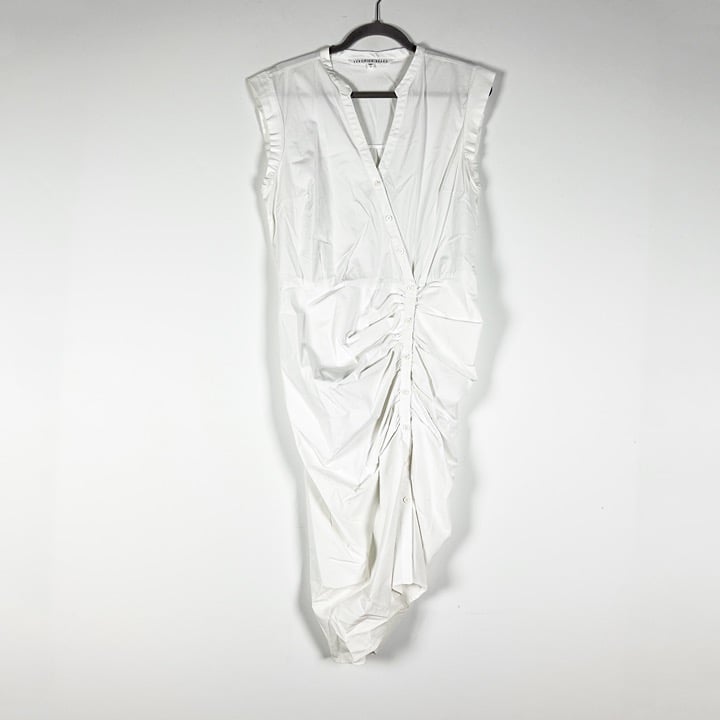 Veronica Beard Ruched Shirt Dress Cotton Poplin Asymmetrical Button Front White