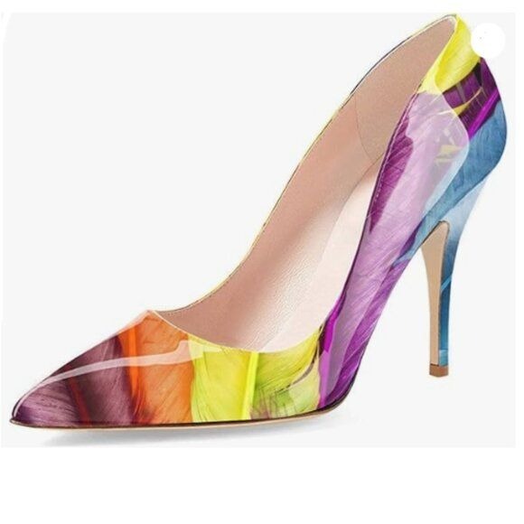 YDN Women's Chic Pointed Closed Toe Mid Heel Pumps Slip on Stilettos Slide Print