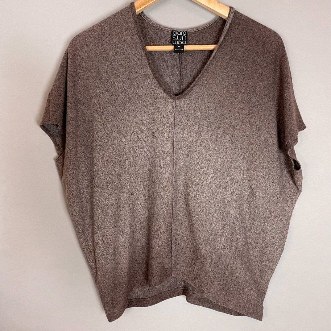Clara Sun Woo Knit Top Short Sleeve Ombre Shirt V-Neck Slouchy Size XS Stretch