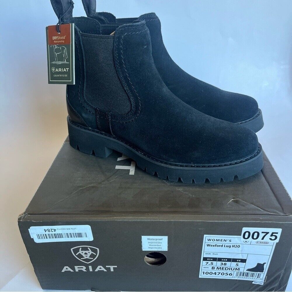 Ariat Women's 7.5B Black Wexford Lug Waterproof Chelsea Boot Suede Leather