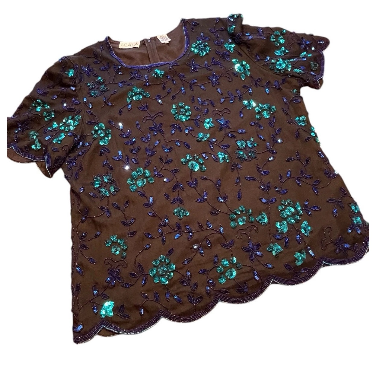 Vintage Scala Silk Top Womens Plus Size 1X Sequined Beaded Scalloped Embellished