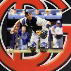 Jorge Posada Catching & Throwing Yankees 8x10 Autographed Photo JSA Certified