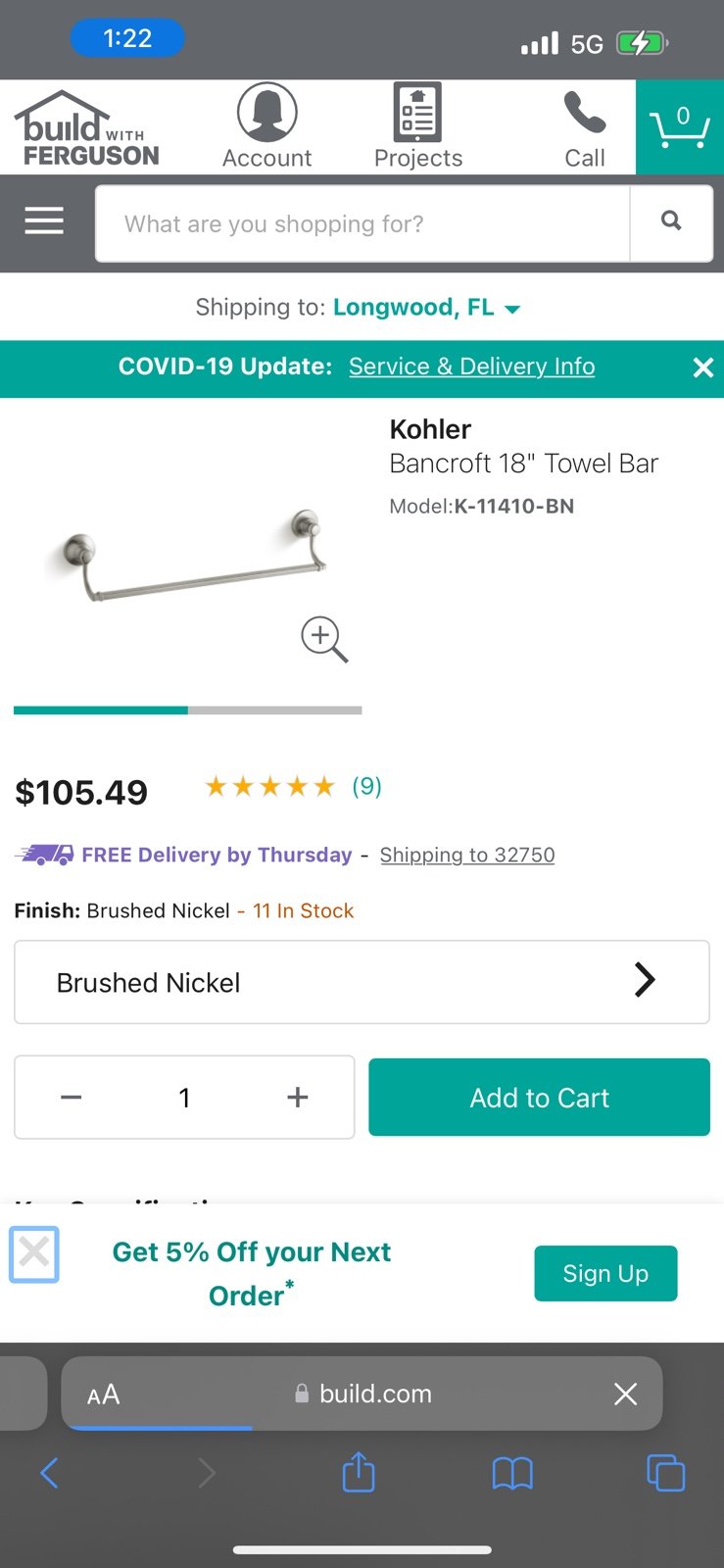 Kohler Bancroft 18” towel bar