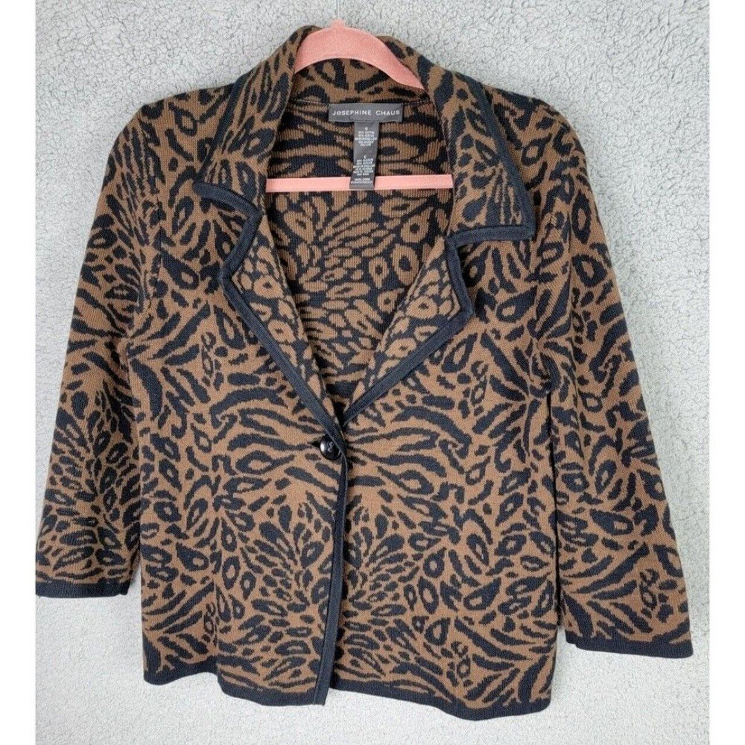 Josephine Chaus Womens Cardigan Sweater Small Black Brown Knit Animal Print