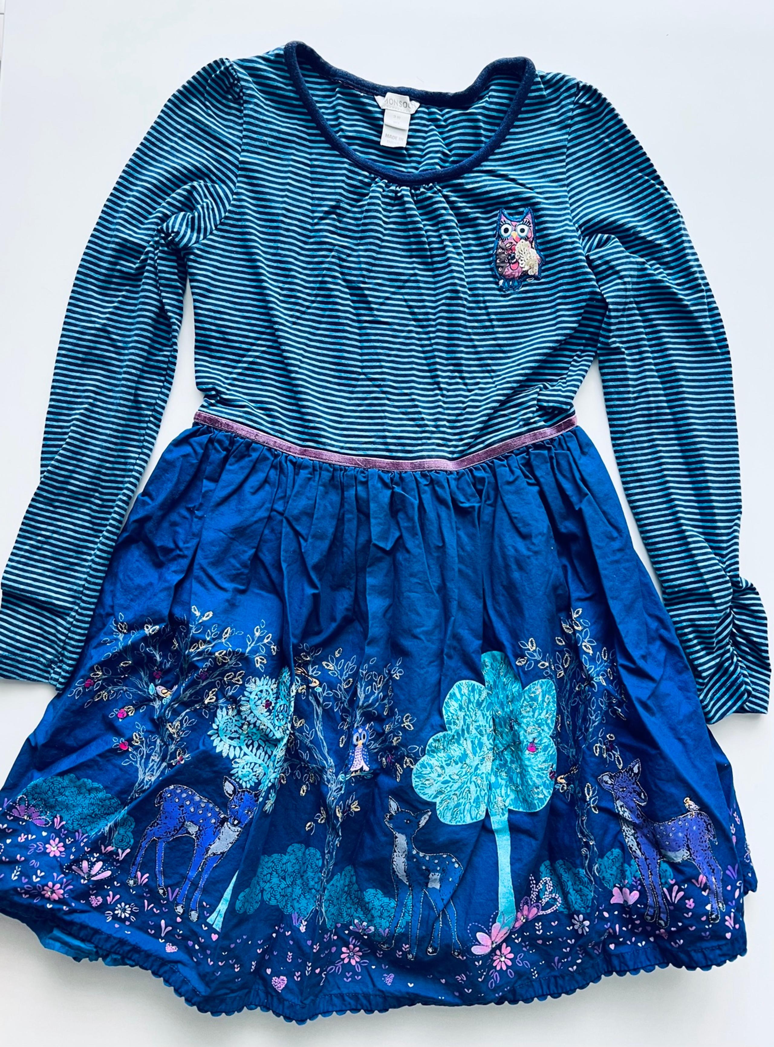 Monsoon Girls Darcia Evening Forest Fawn Owl Magic Jersey Woven Dress Blue 9-10