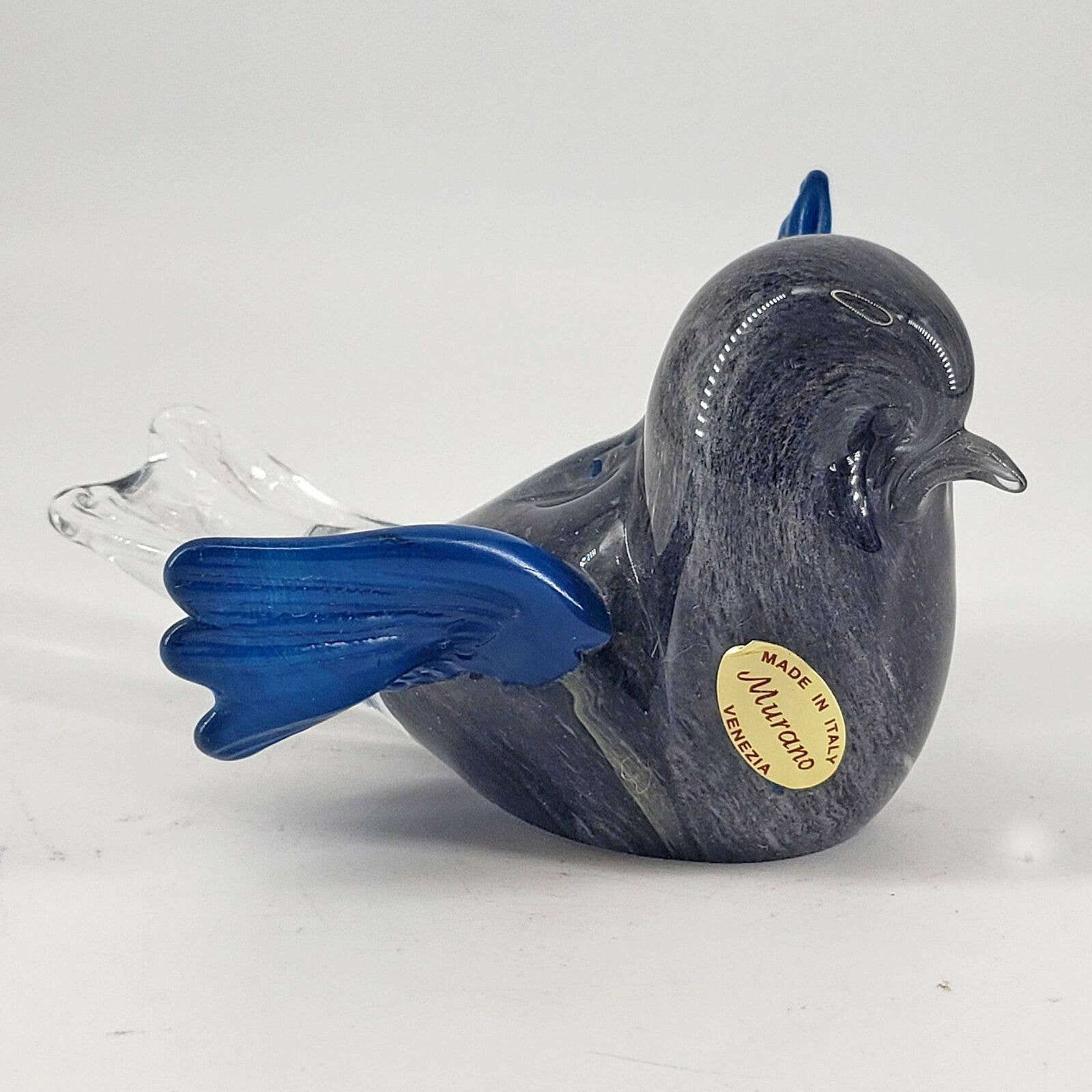 Murano Hand Blown Gray Blue winged Glass Bird w/sticker