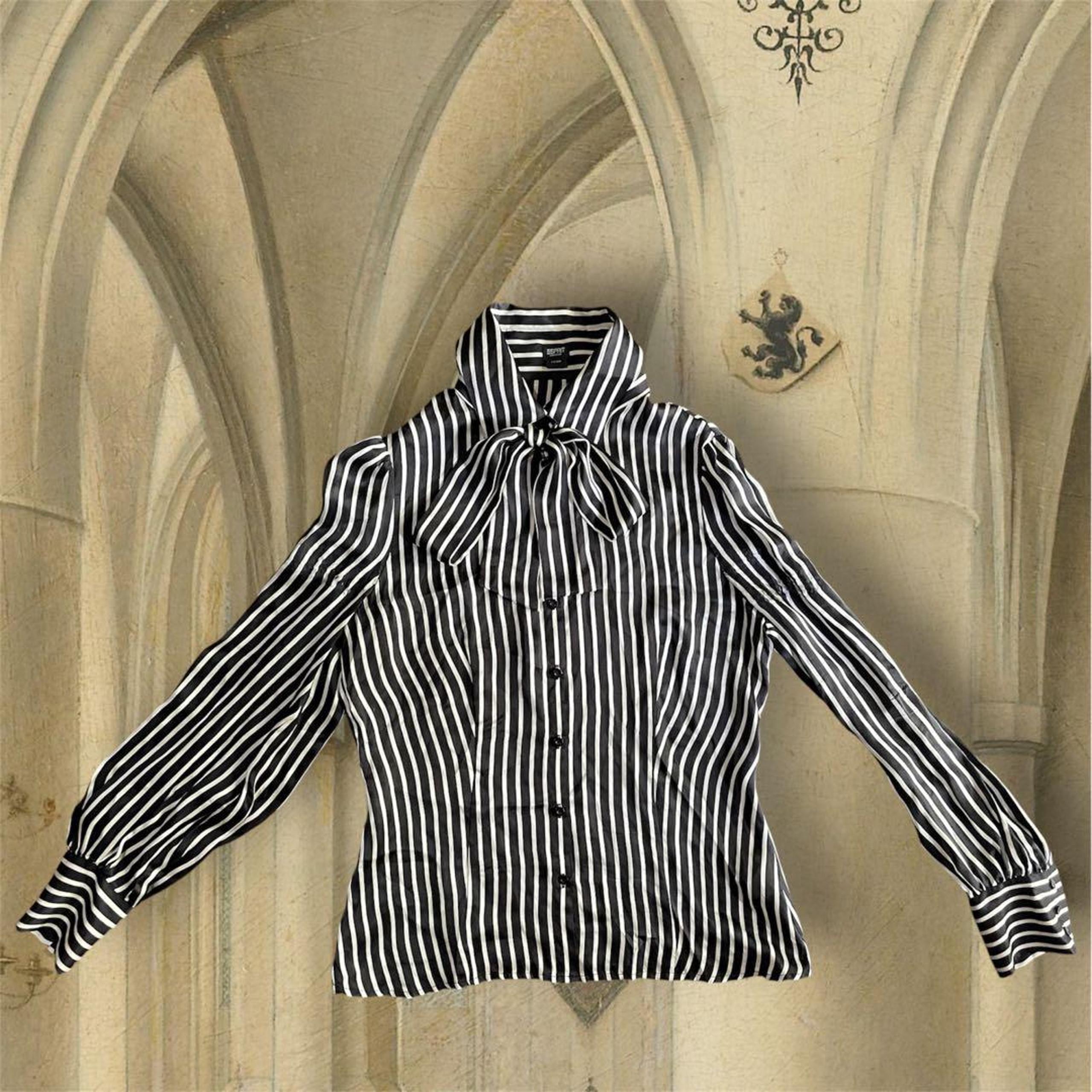 ESPRIT collection Black and White Striped Ribbon Long Sleeve Silk Shirt Blouse