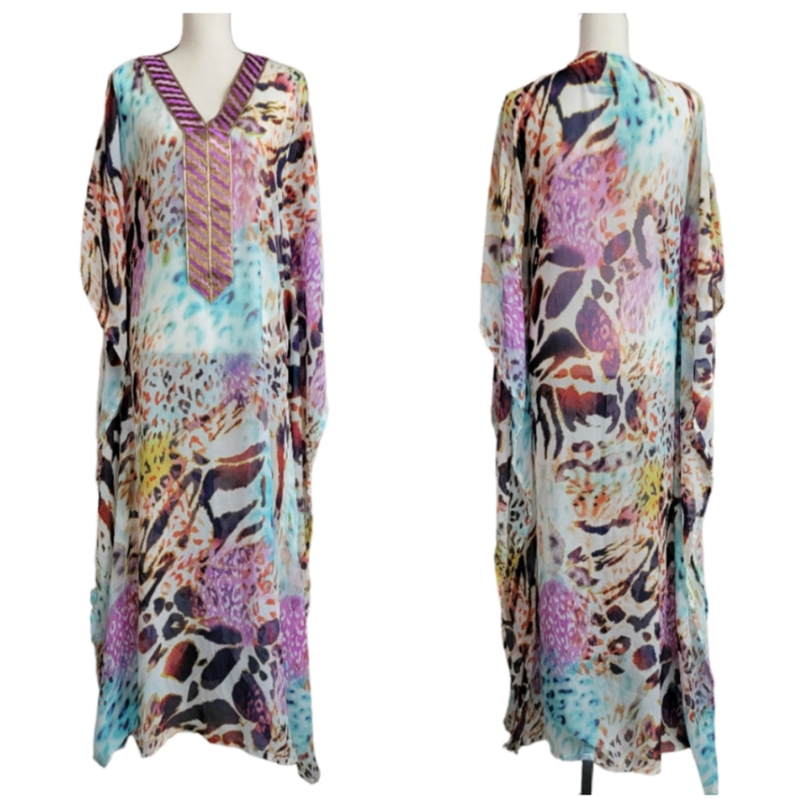 Carla Christoph Houston Custom Kaftan Multicolored Animal Print Dress Medium