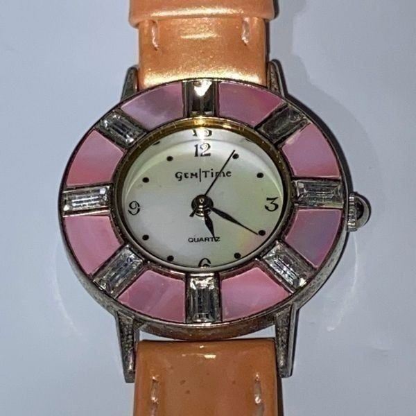 Gem Time Women's Gold Genuine Leather Band Embellished Silver Toned Quartz Watch