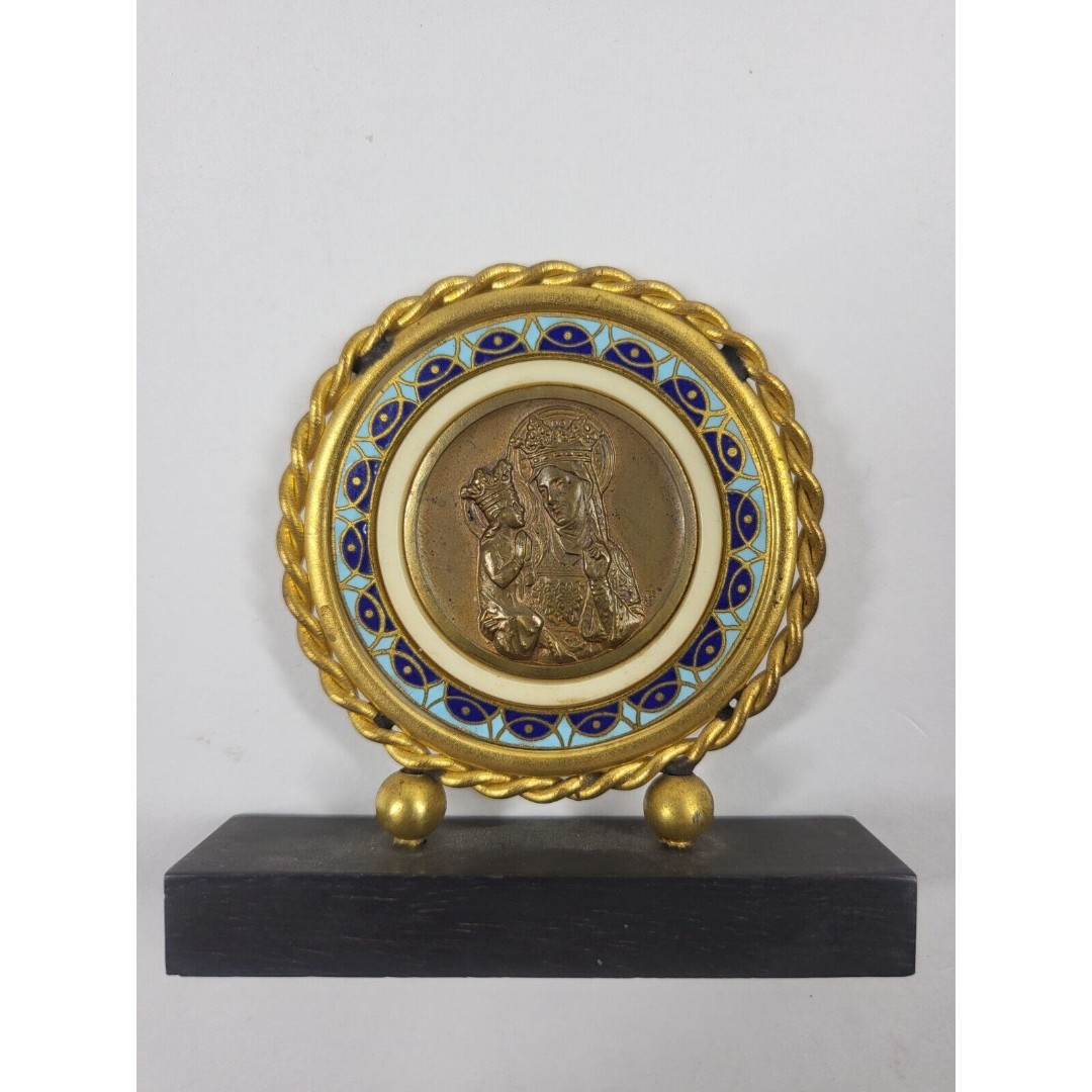 Virgin Mary & Baby Jesus Religious Icon Round Medal Plaque w/Enamel Border Vtg