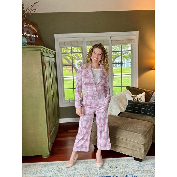 Cabi Playdate Pink Purple Plaid Crop Jacket Wide Leg Pants Outfit Set Size M