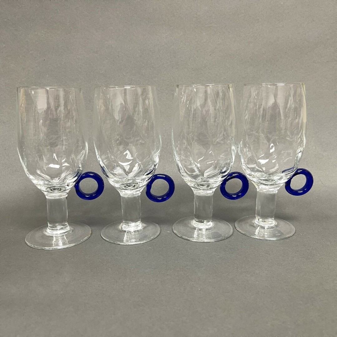 Clear Glass Cobalt Blue Ring Stemmed Glasses 6 3/8 Lot of 4