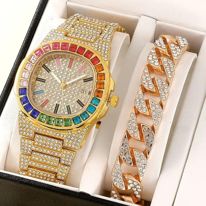 HIP HOP MULTI COLOR SIMULATED DIAMOND BLING WATCH & ICED CUBAN BRACELET GIFT SET