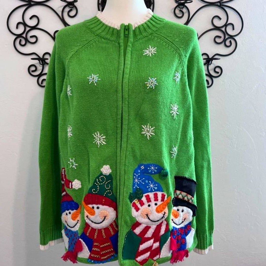 Tiara International Christmas Collection Snowman and Snowflakes Cardigan Sweater