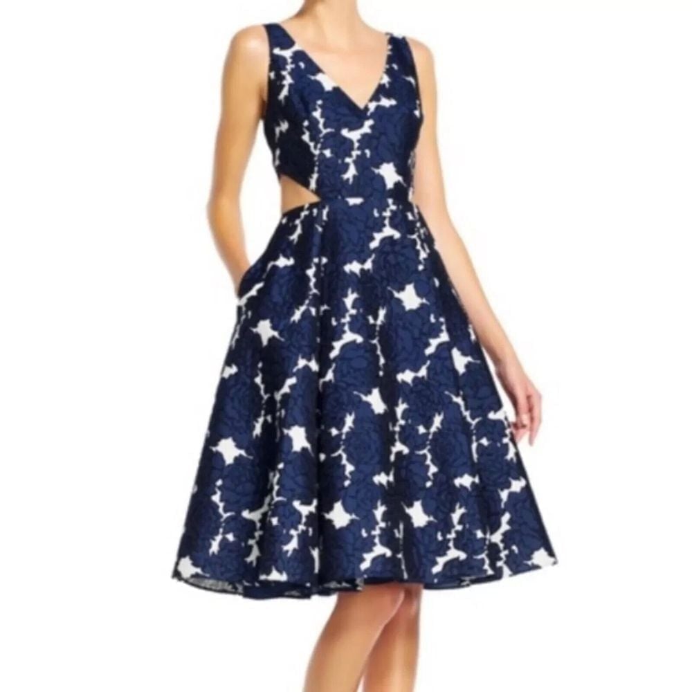 Adrianna Papell Womens's Jacquard Blue Floral Fit & Flare V Neck Party Dress 6