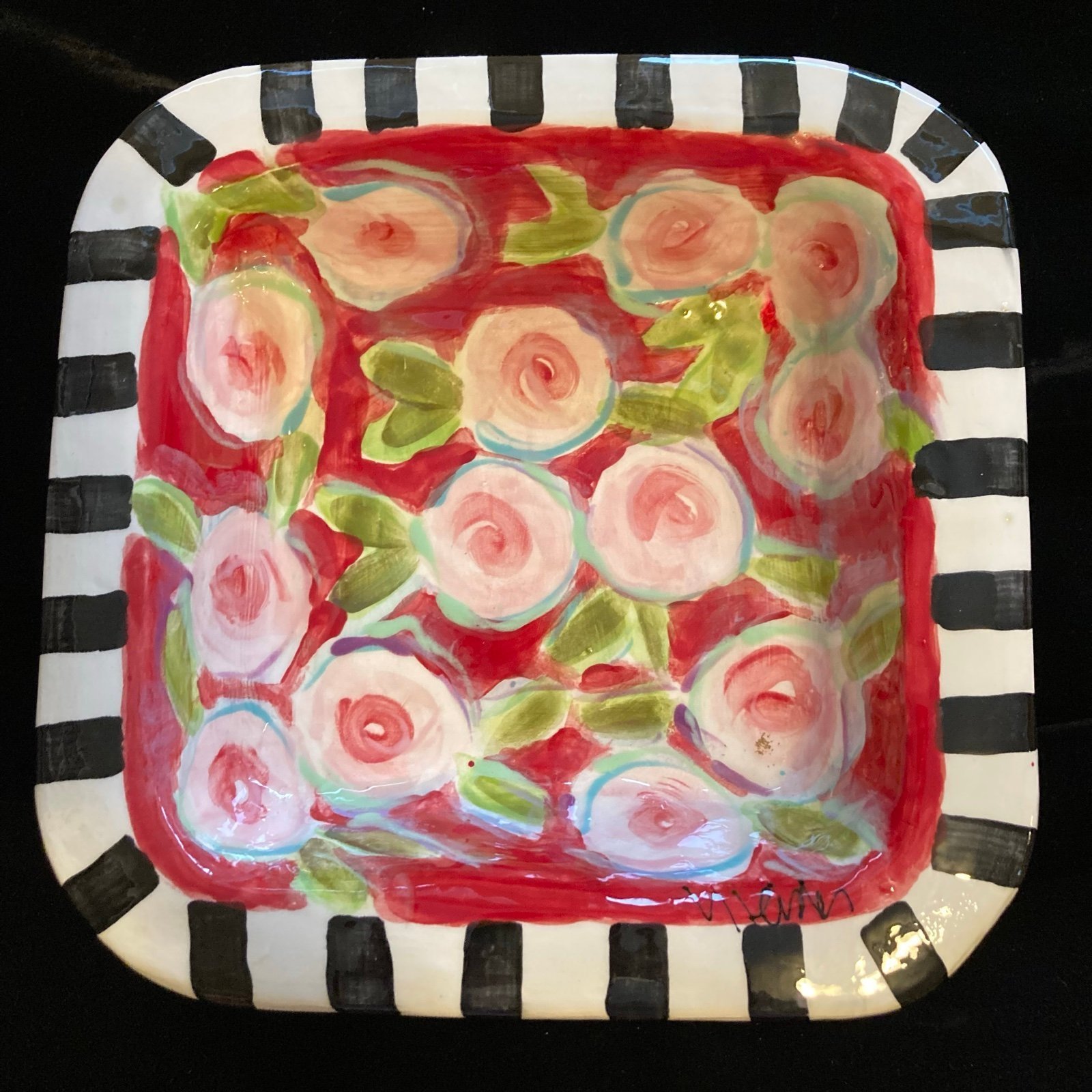 Handmade Ceramic Open Square Casserole Peonies On Scarlet 11”x11”x3”Original