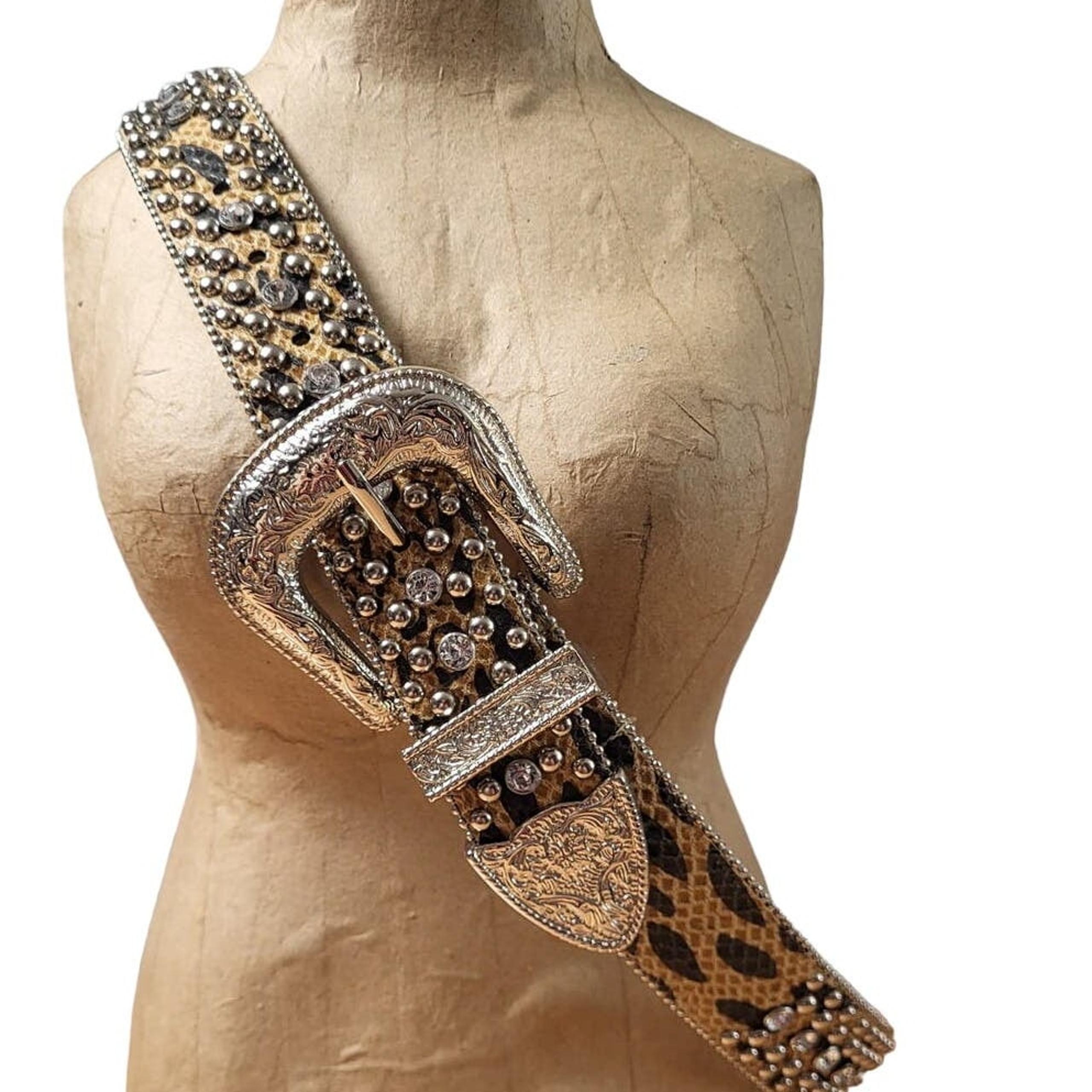 Vintage Guess Faux Snake Skin Silver Studded Rhinestones Western Belt Size Small