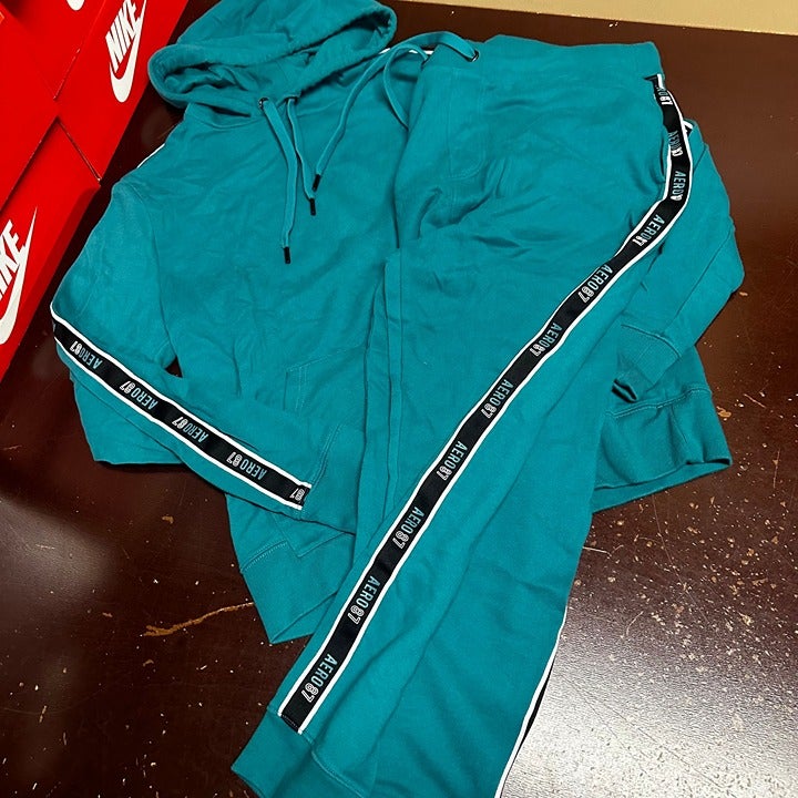 Aeropostale Mens Blue Long Sleeve Hoodie And Logo Tapered Jogger Sweat Tracksuit