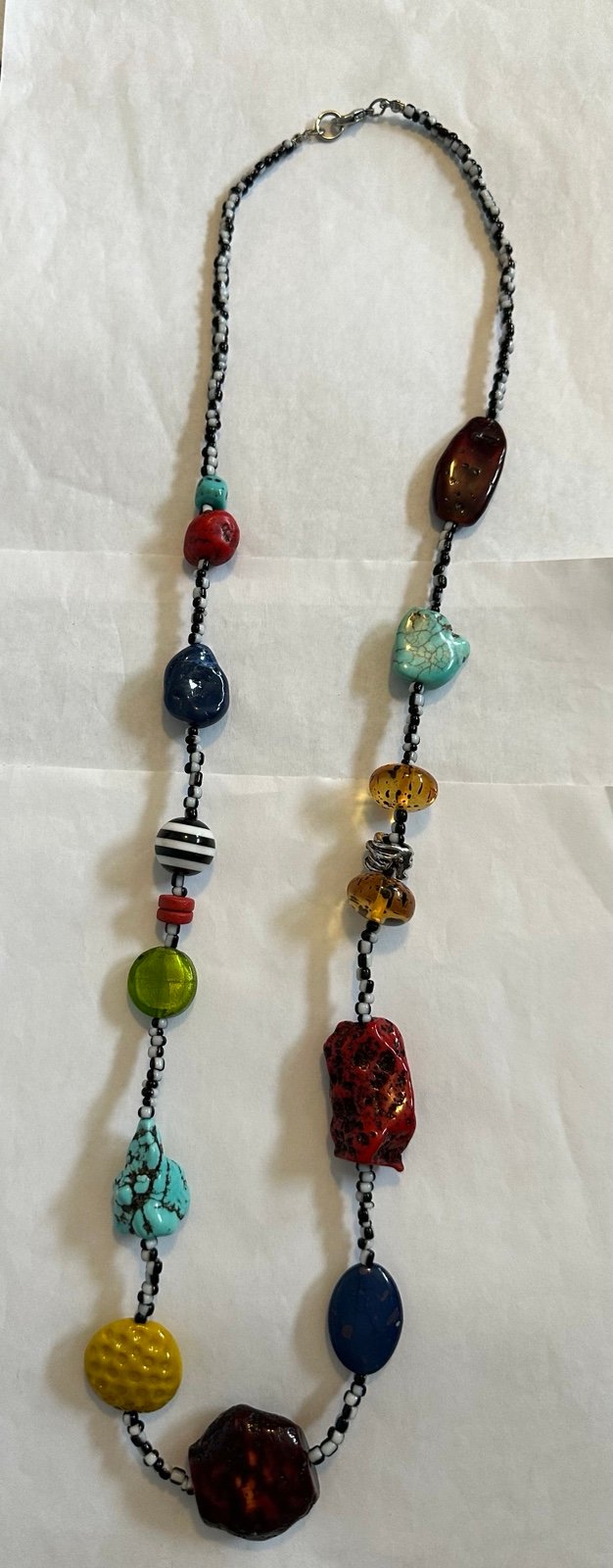 Nugget Necklace Turquoise Amber & Coral Stone W/Venetian Glass & Seed Beads 32”