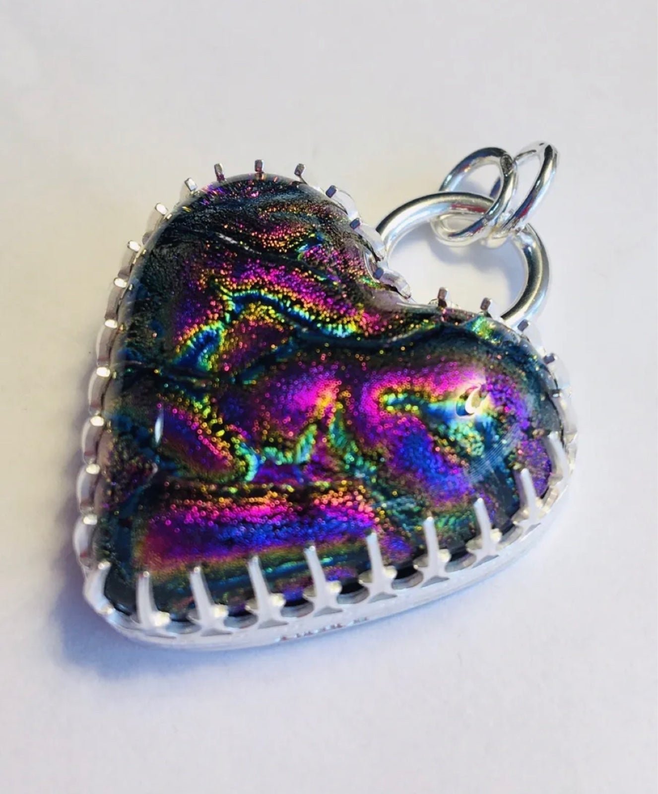 DICHROIC GLASS HEART PENDANT Purple Pink STERLING SILVER ARTISAN MADE VIBRANT
