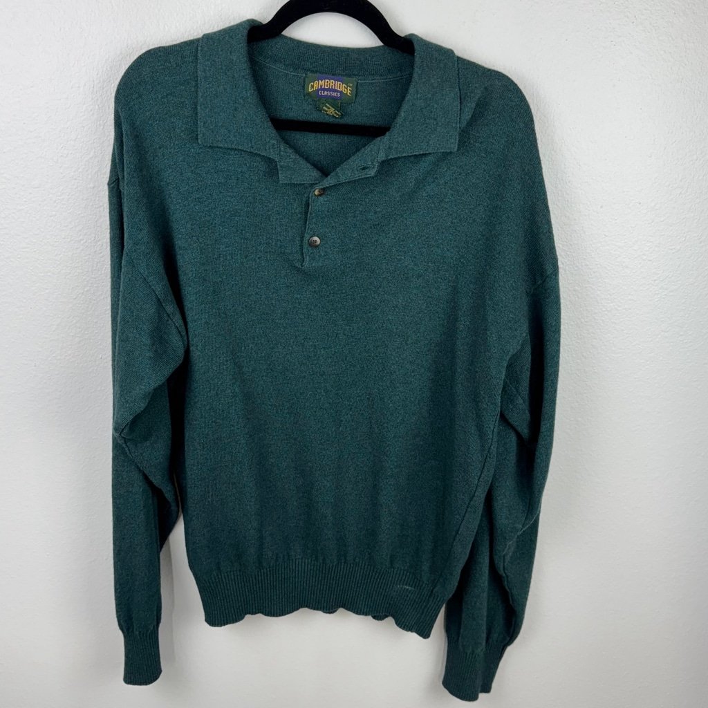 Cambridge Classics Men's Medium Green Wool Blend Collared Polo Pullover Sweater