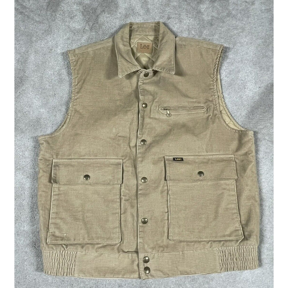 Lee Vest Mens Large Beige Corduroy Quilted Lined Made In USA Snap Buttons VTG