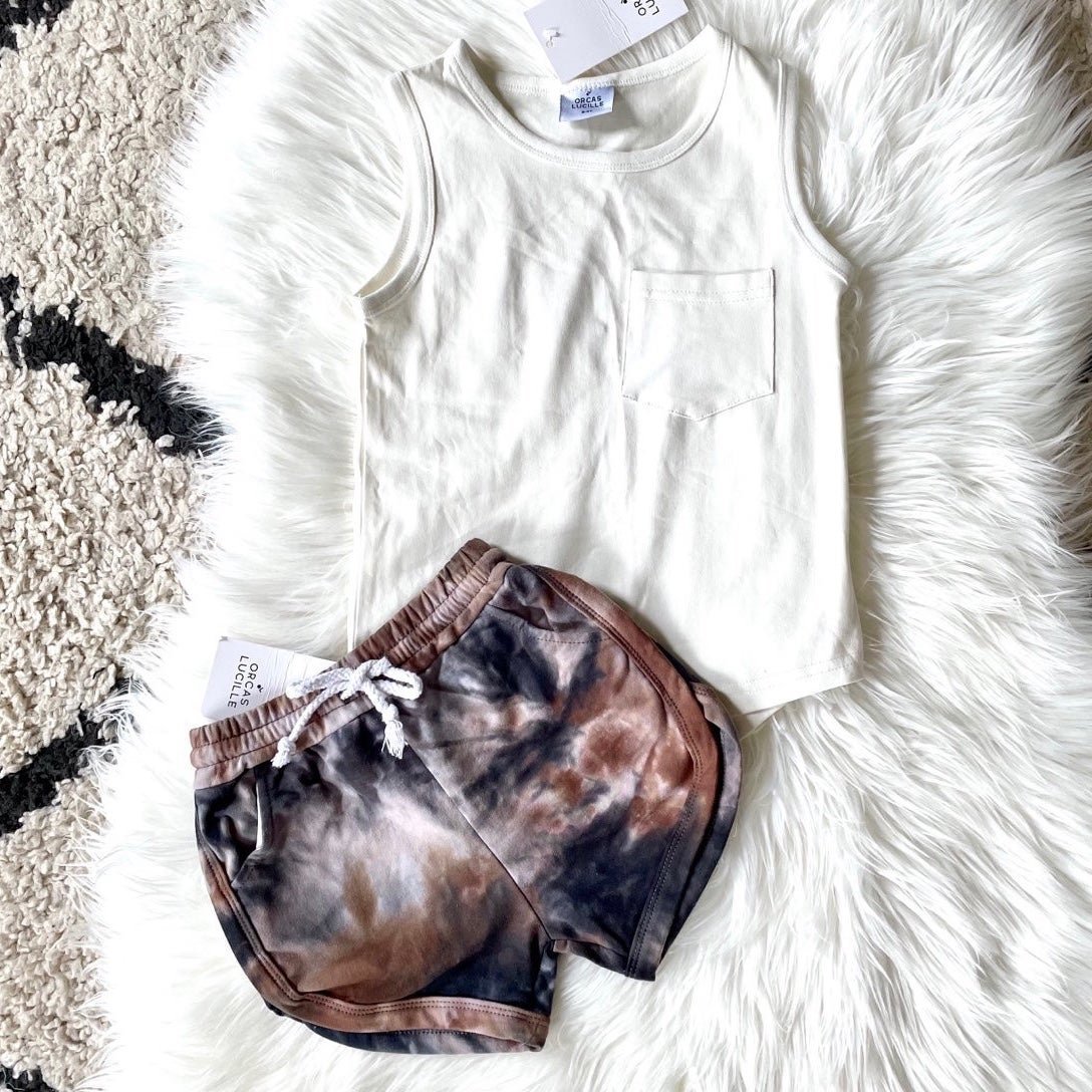 Orcas Lucille Kids Granite Tie Dye Shorts & Milk Pocket Tank Top Bundle 3/4T