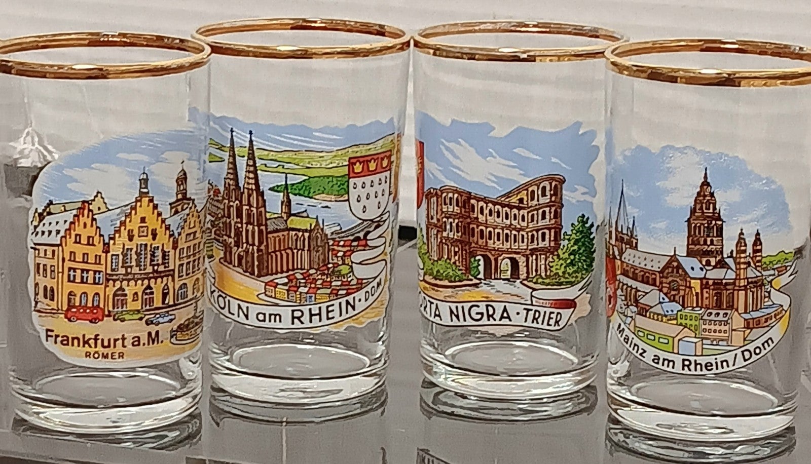 Vtge MCM German Weinfest Architecture Gold Rim 4 Oz Shot Glasses