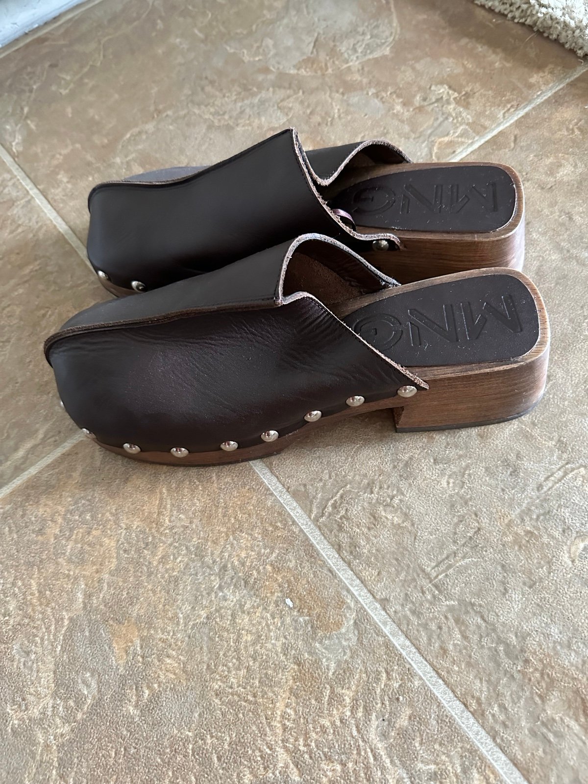 Mango leather studded wood sole clog 38