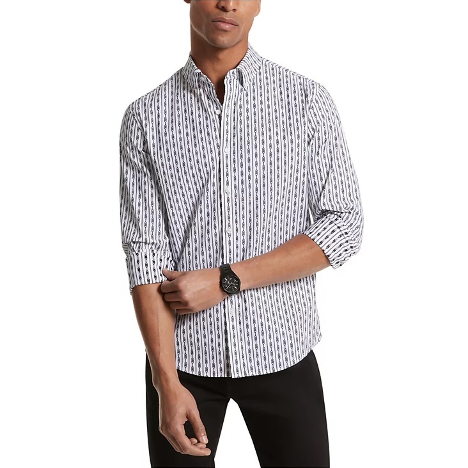 Michael Kors Men's White/Black Empire Print Casual Slim Fit Button Shirt Size M