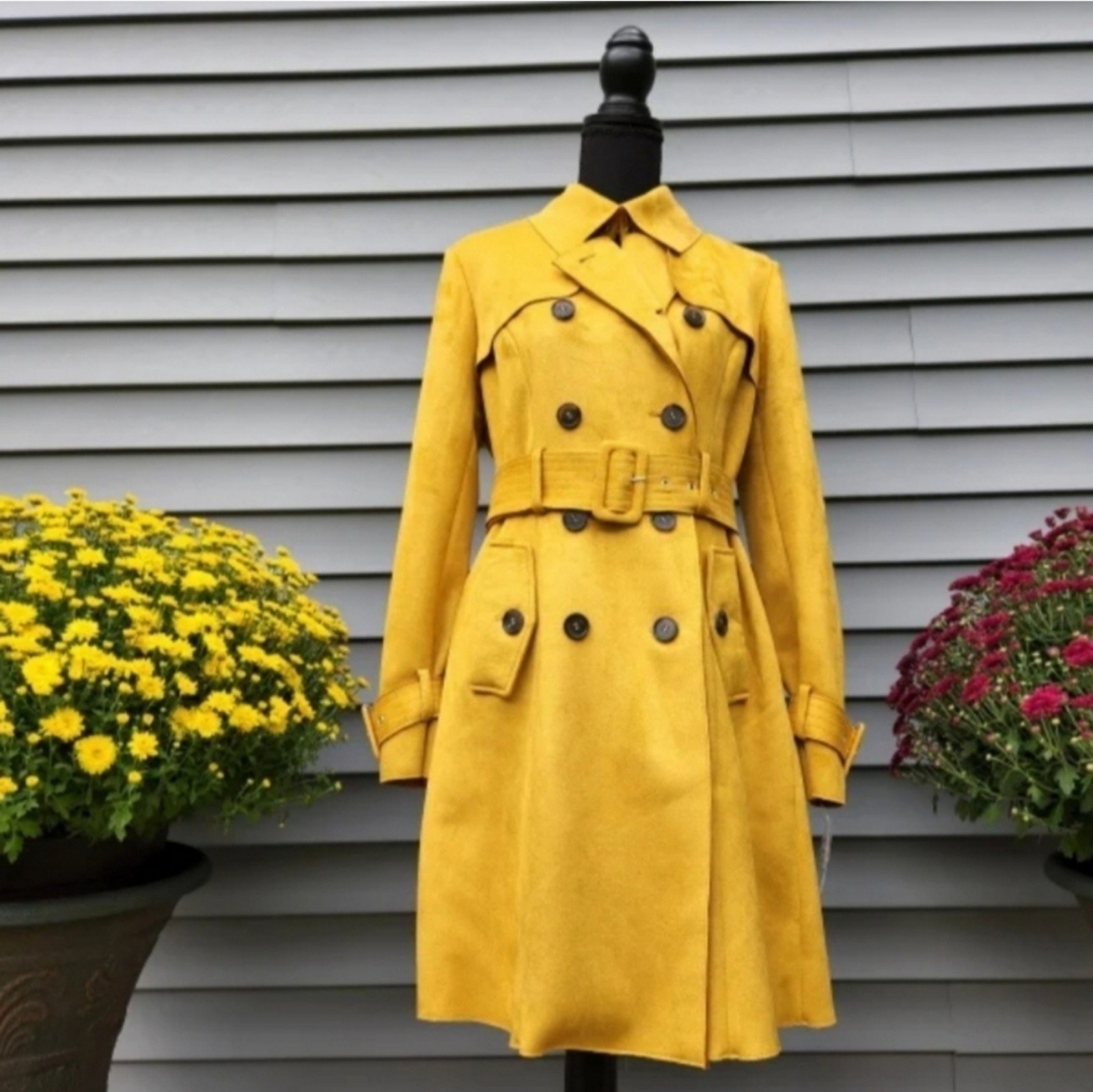 NY&C Faux-Suede Belted Trenchcoat - Mustard