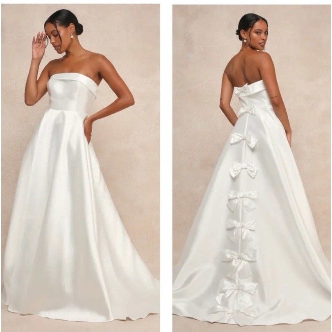 LULUS Your Beloved White Taffeta Bow Strapless A Line Gown NWOT Size L Large