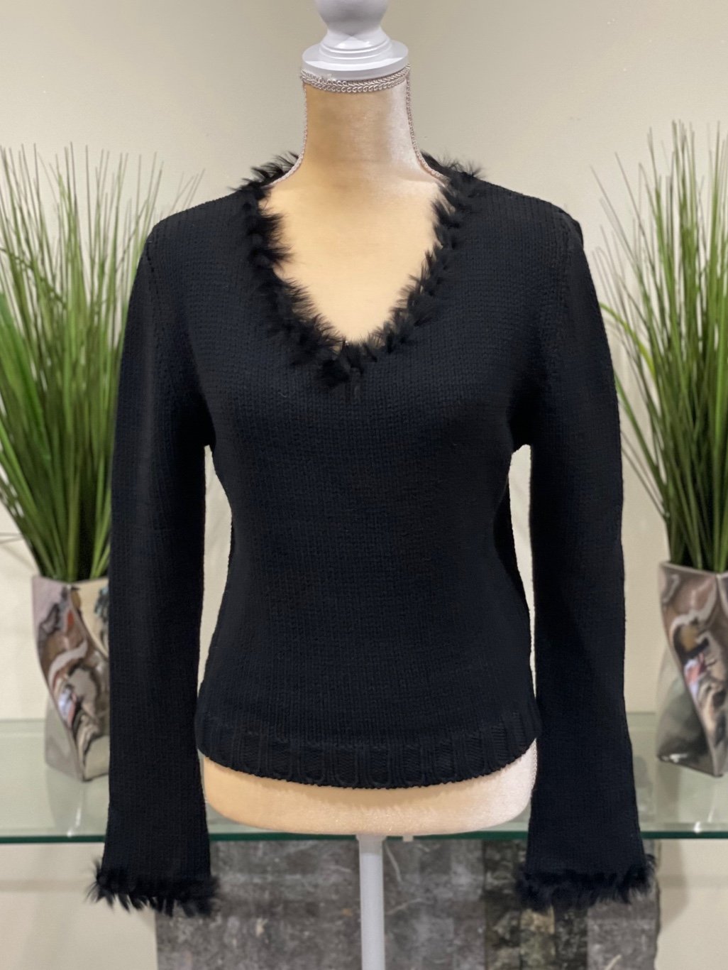 Nils Cropped Black Sweater Fur Collar S