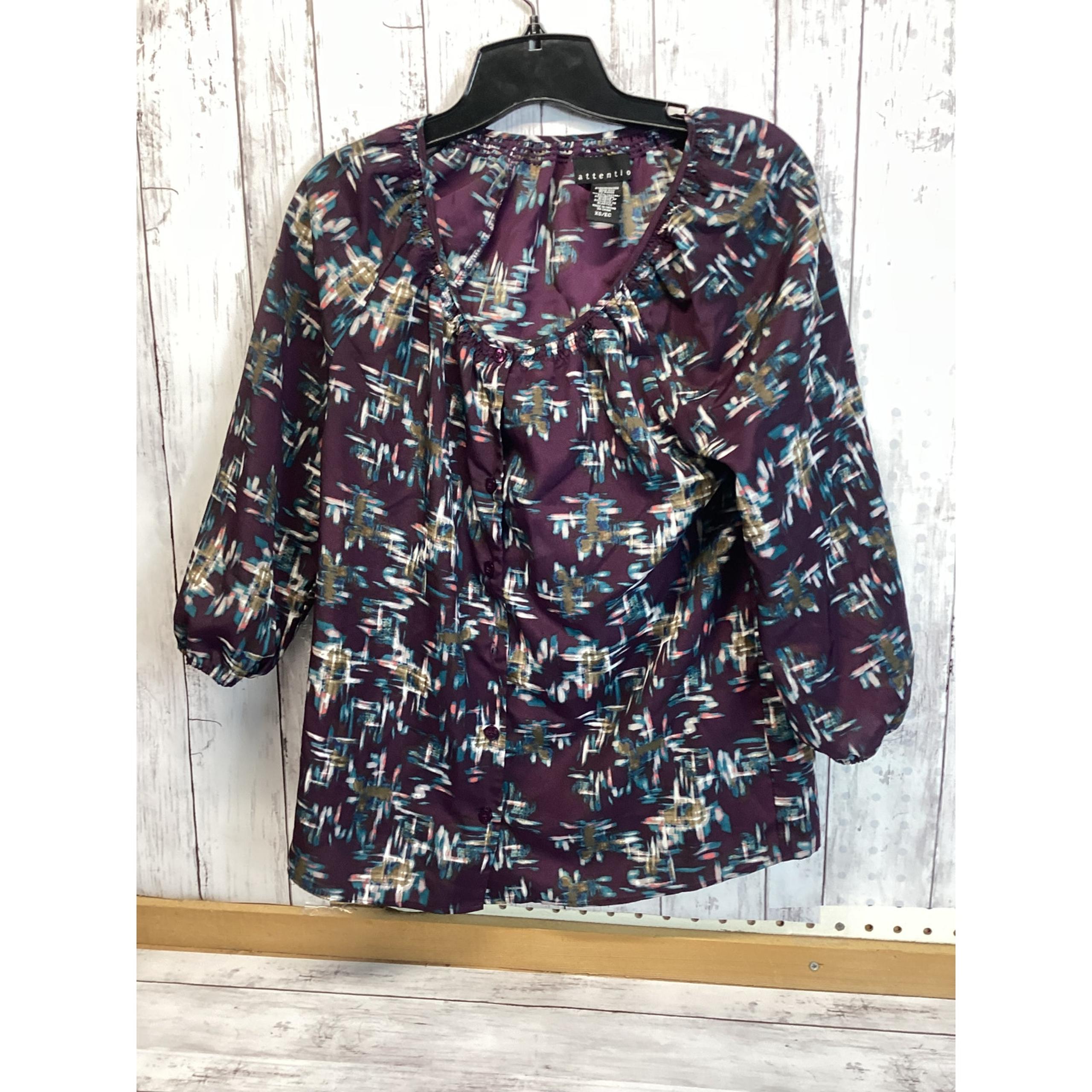 Attention Womens XS Dark Purple Sheer 3/4 Elastic Sleeve Button Up Blouse Shirt
