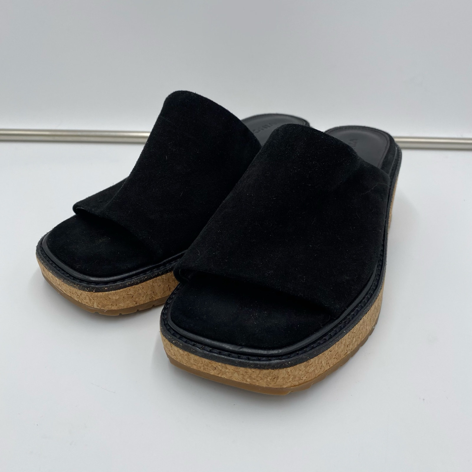 Vince Women's Black Suede Cork Platform Square Toe Maddy Sandals Size 7