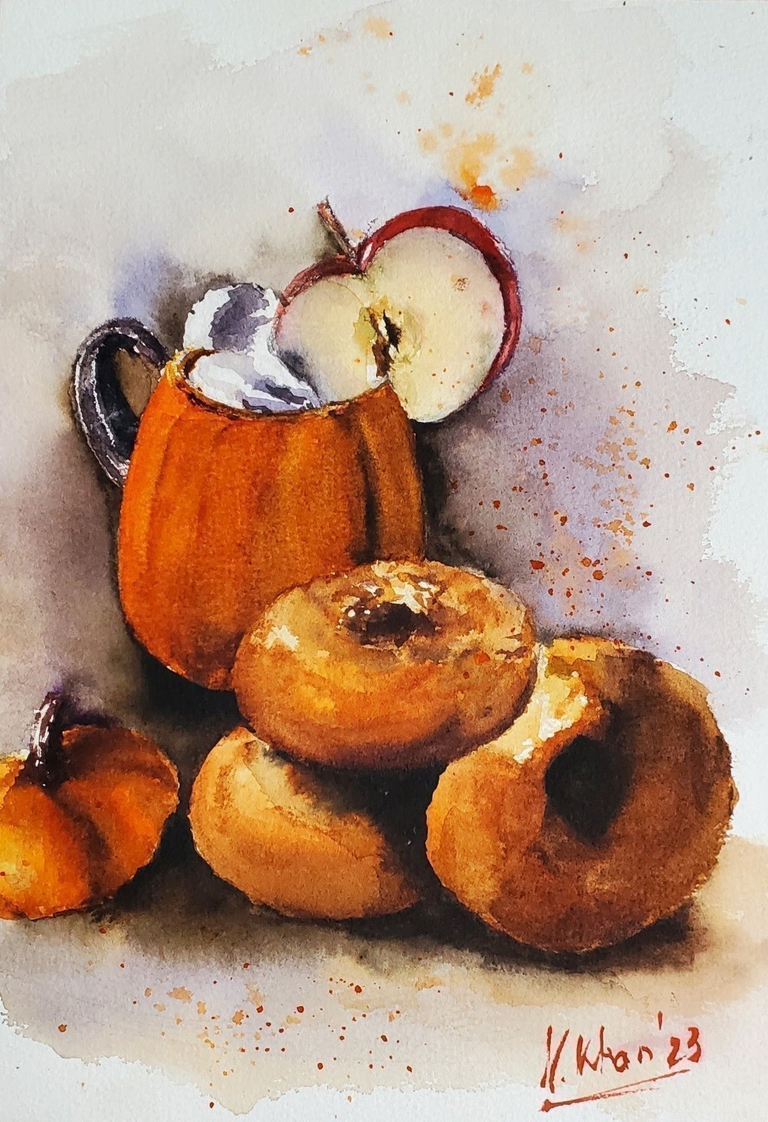 Original Art Watercolor Painting Fall Pumpkins Donuts