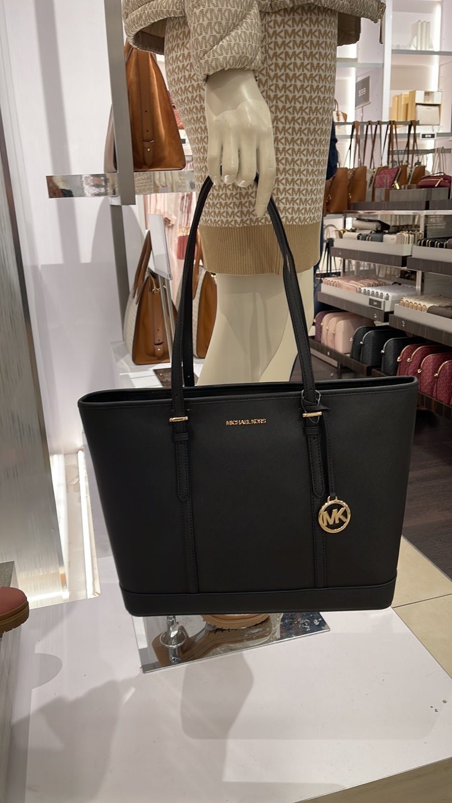 MICHAEL KORS Jet Set Travel Large Top Zip Shoulder Tote Saffiano Leather Black