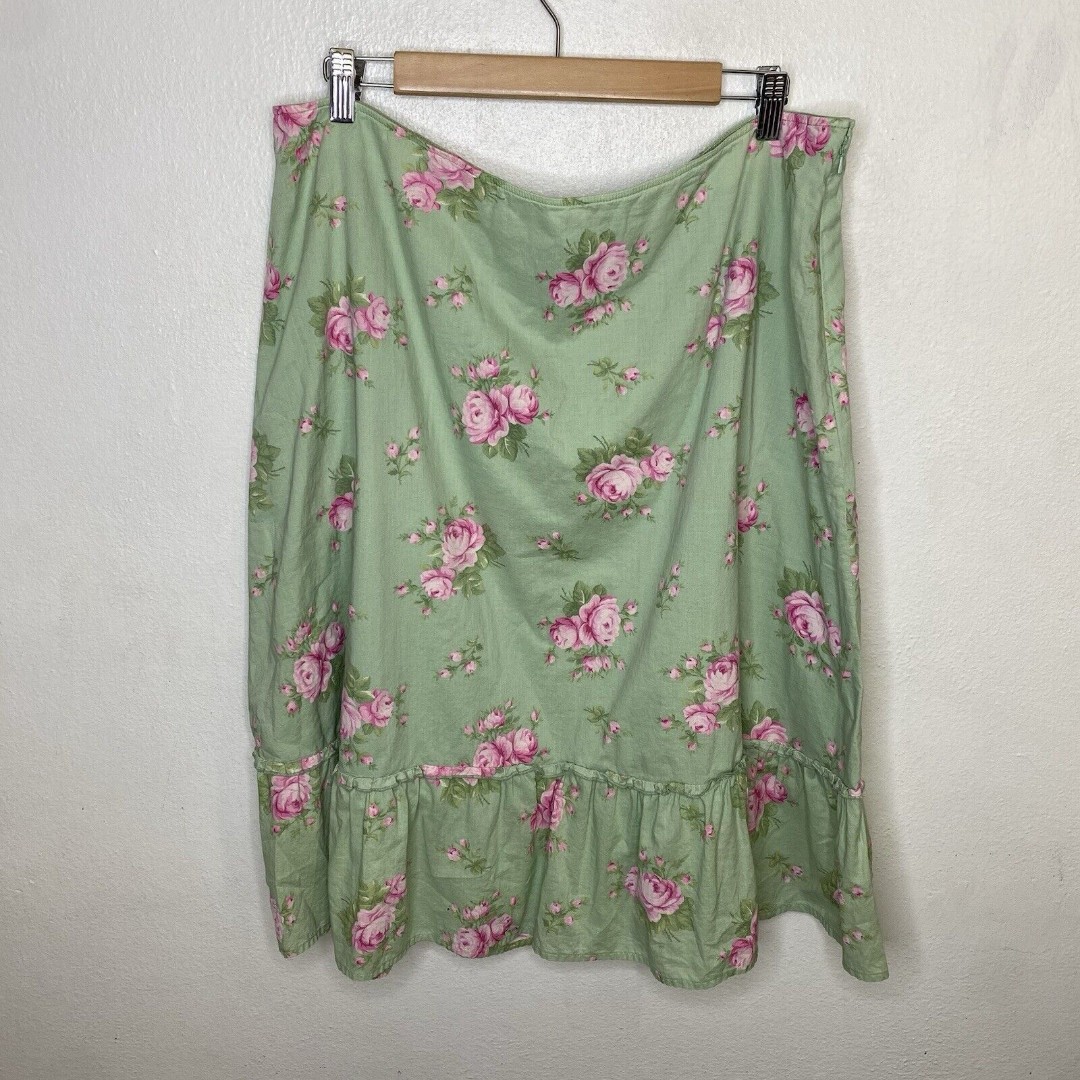 Lauren Ralph Lauren Green Pink Floral Ruffle Cottagecore Cotton Skirt Womens 16W