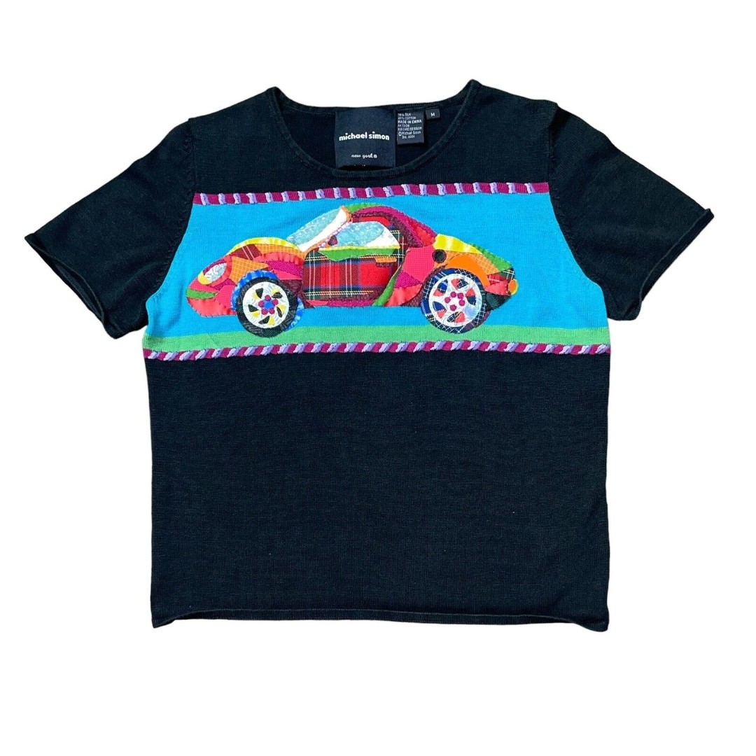 Michael Simon Black Silk Cotton M Car Embroidered Patchwork Short Sleeve Shirt