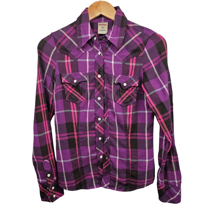 True Religion ROCKY Purple & Pink Plaid Flannel Pearl Snap Button Western Shirt