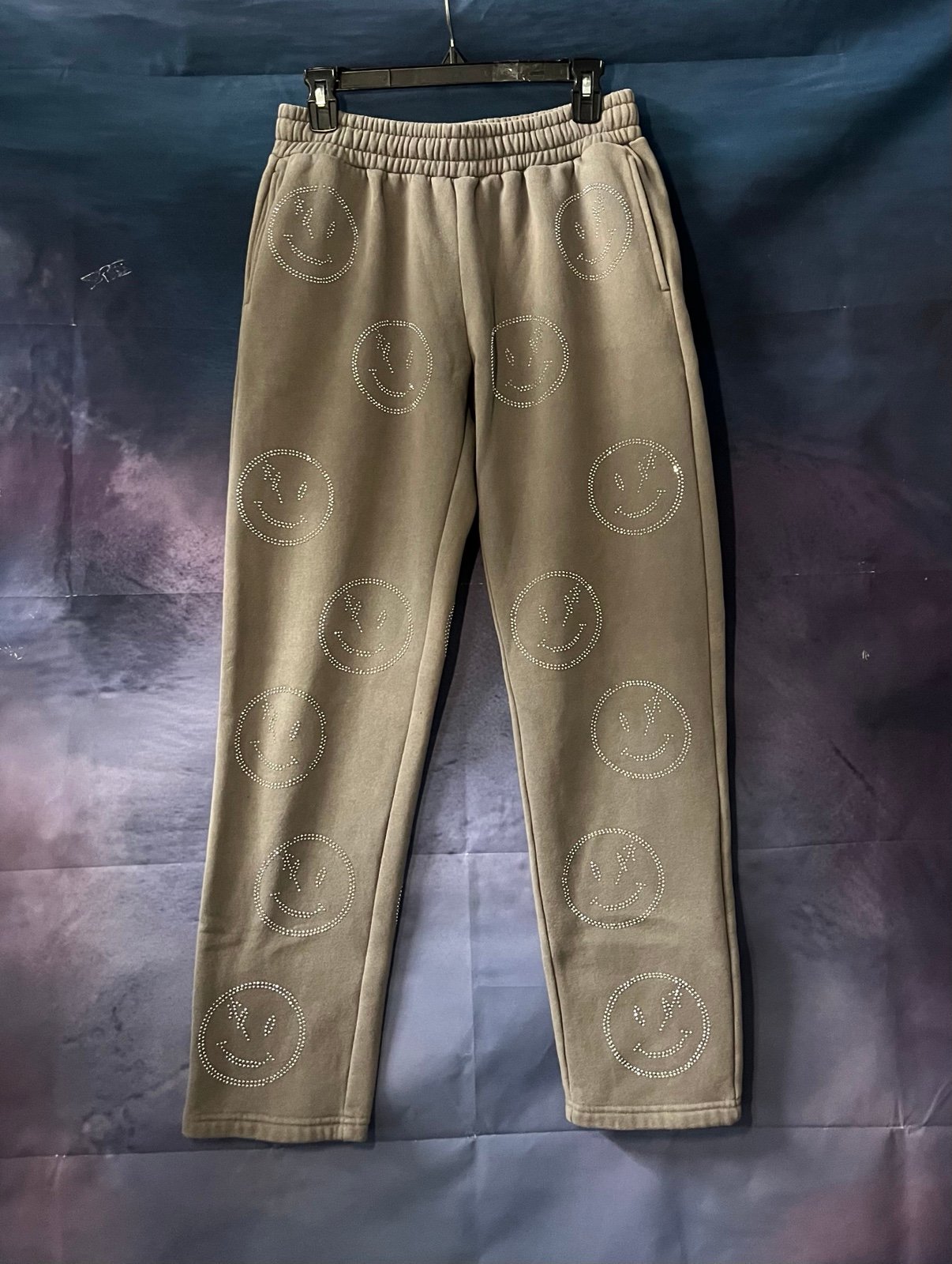 RETROVERT ALL OVER SMILEY FACE IN RHINESTONE Grey JOGGERS MEN SIZE Medium Y2K