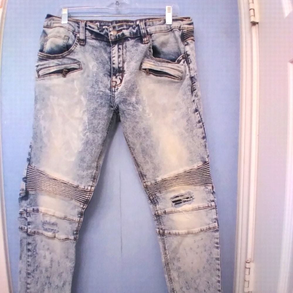 Distressed Acid Wash Moto Jeans with Ribbed Knee Panels Streetwear Biker Denim