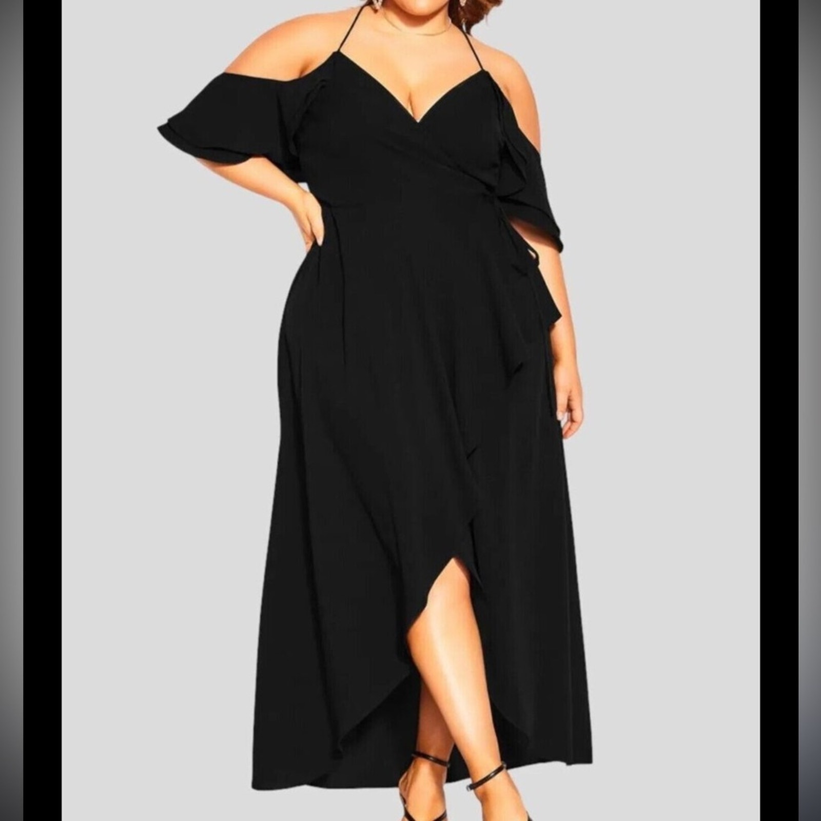 City Chic Maxi Wrap Dress in Black Ruffle Detail Size 22