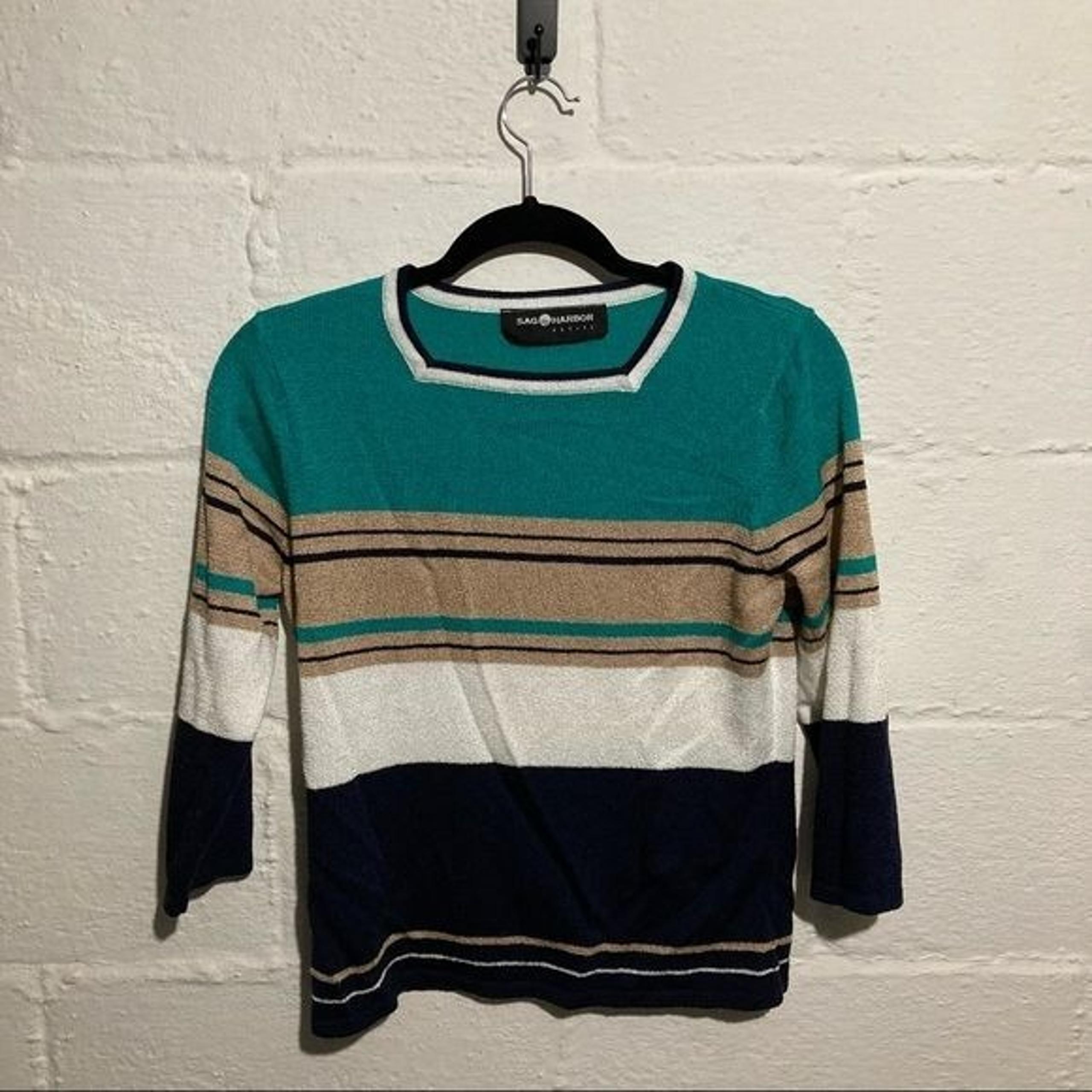 Sag Harbor Blue Striped 3/4 Sleeve Knit Top - Size M Petite