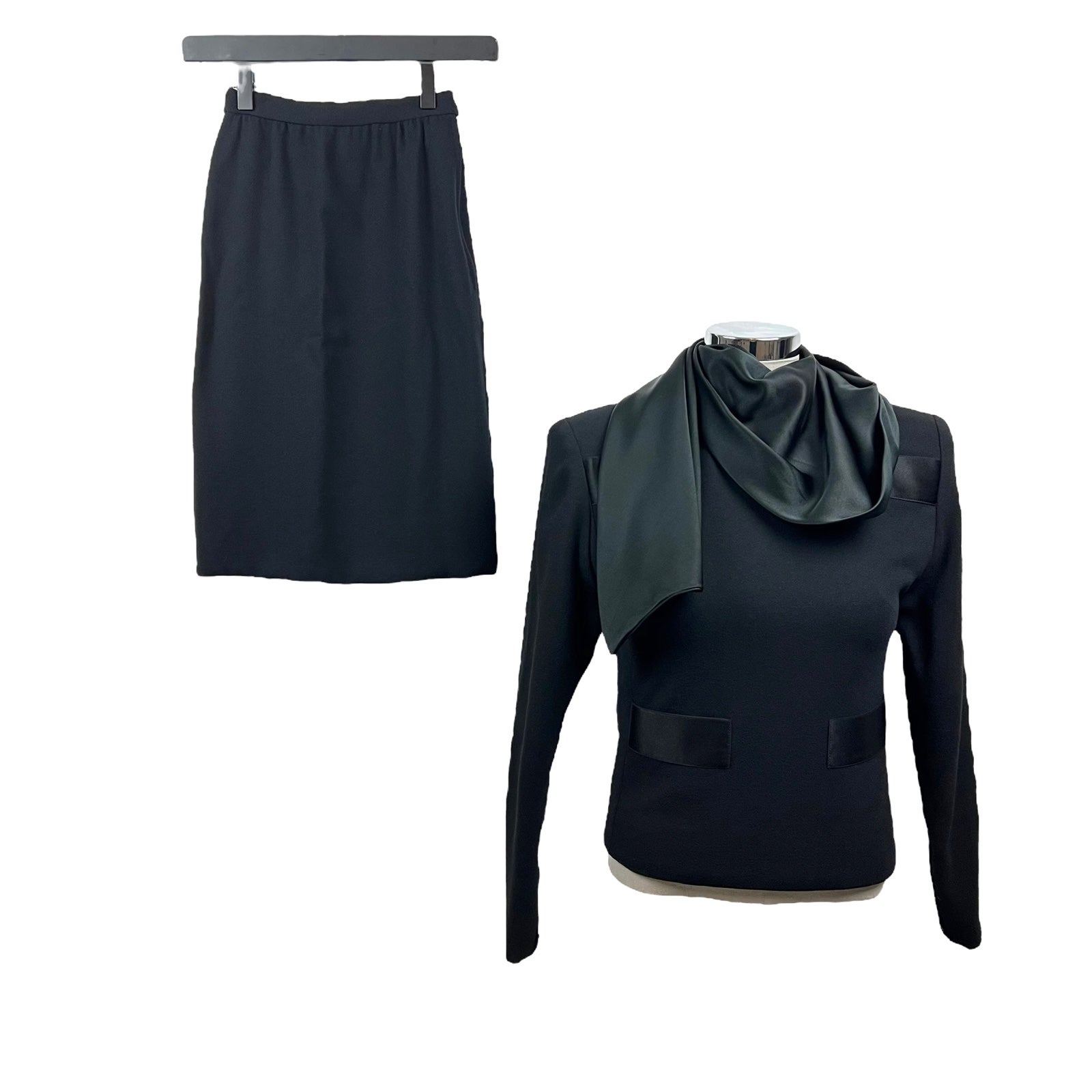 Rare Vtg 60s James Galanos Avant Garde Skirt Set Black Satin Neck Drape Sz 0